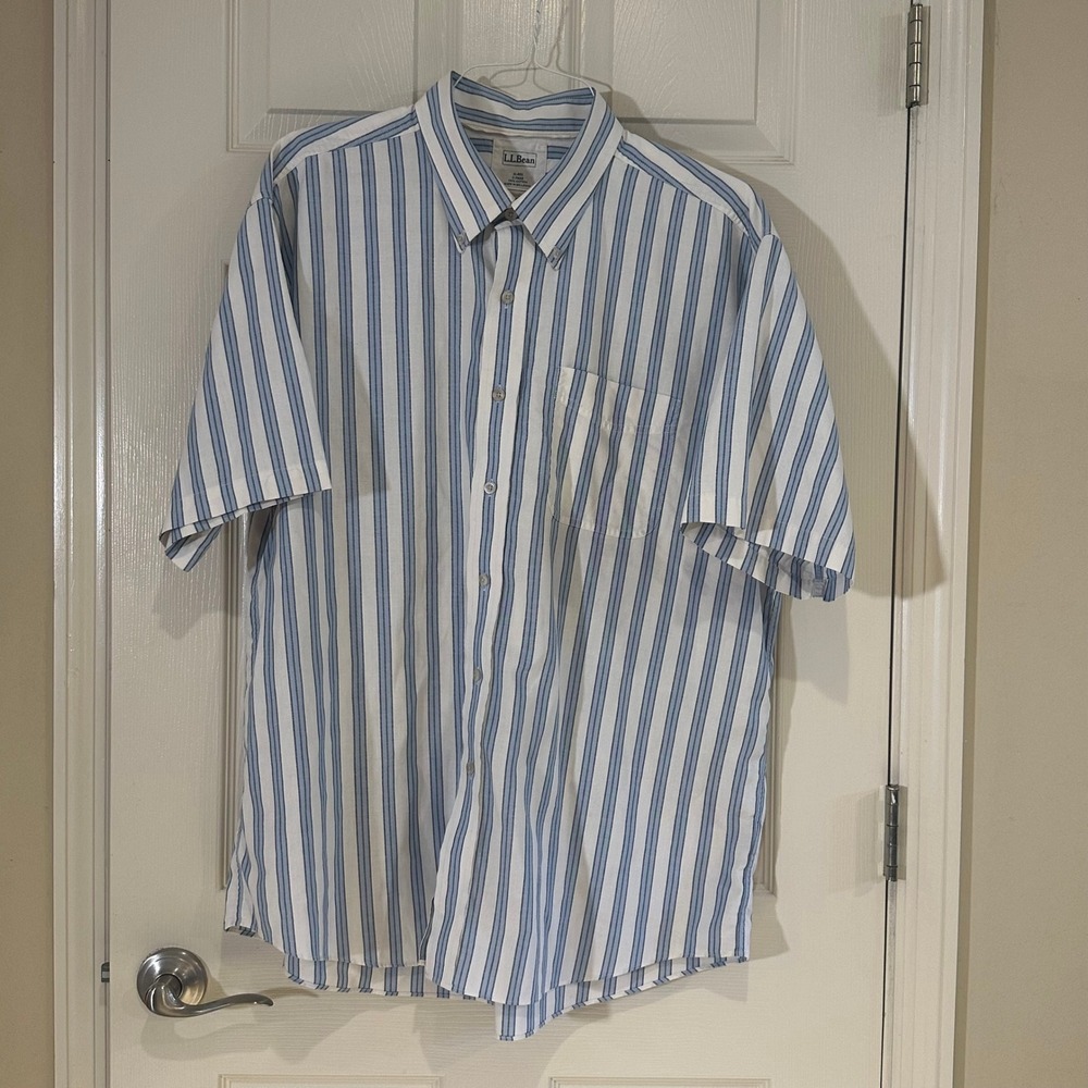 LL Bean Mens XL Blue White Striped Short Sleeve Button Down Shirt 0 FWA8 Cotton